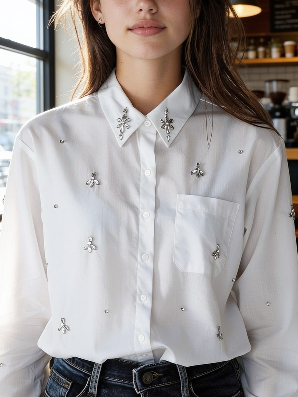 INC International Concepts White Rhinestone Blouse
